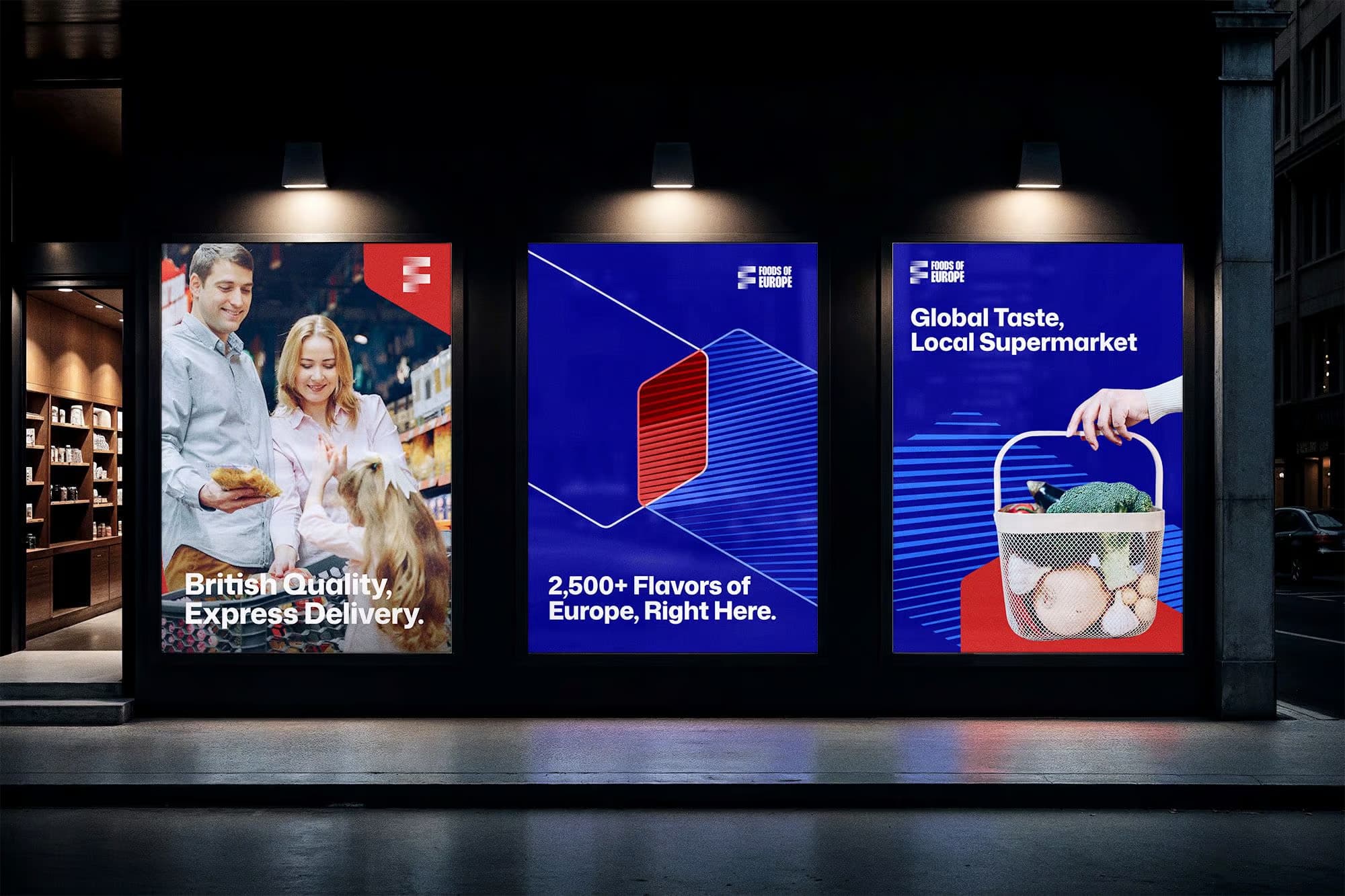 Supermarket promotional poster mockup with delivery, gourmet food, and global taste themes on storefront window