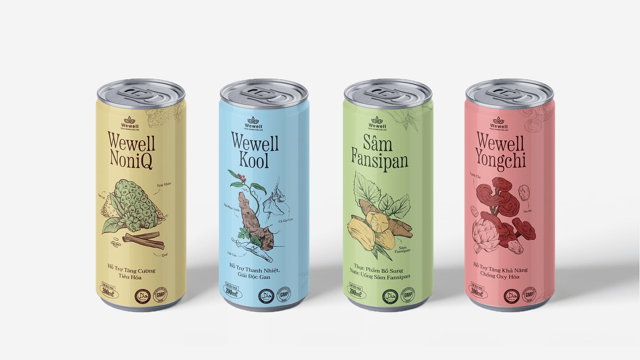 Cans of WeWell beverages: NoniQ, Kool, Sâm Fansipan, and Yongchi, featuring vibrant designs and natural ingredients.